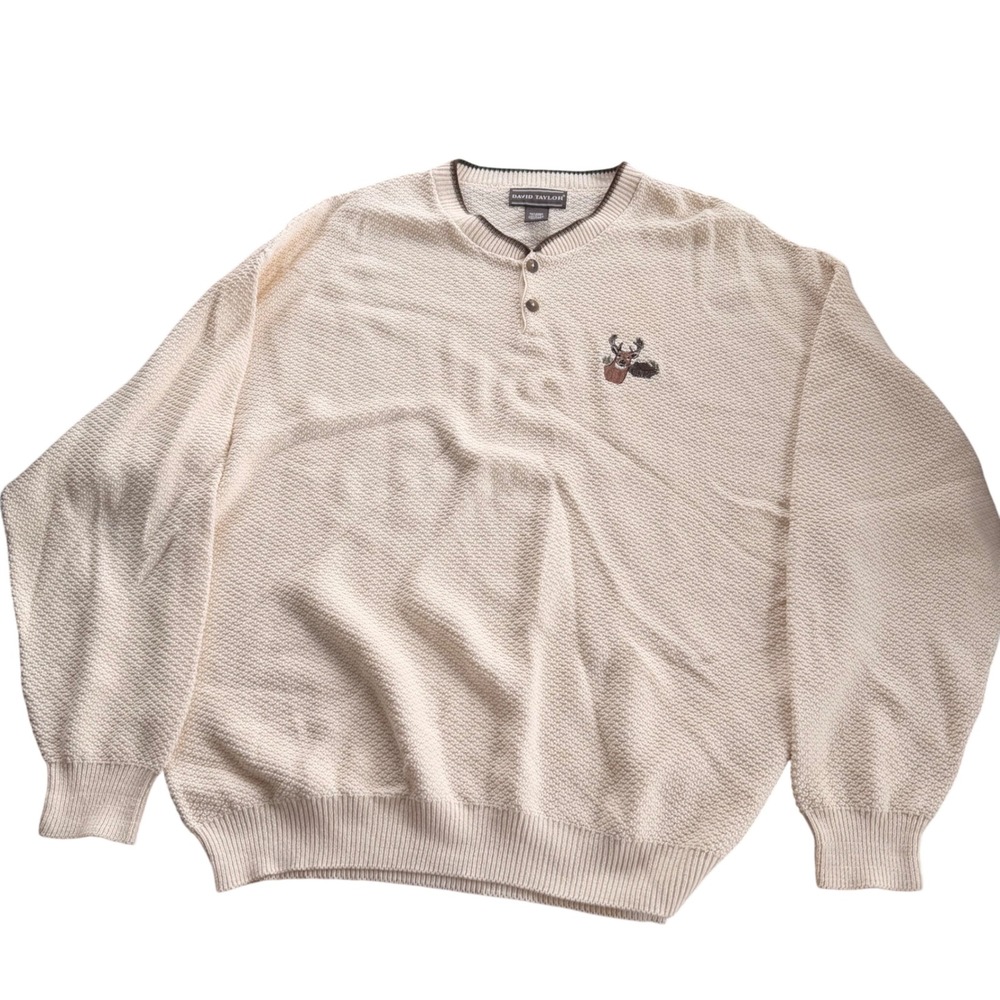 David Taylor Mens XXL Cream Cotton Knit Henley Sweater Deer Cabin Embroidered